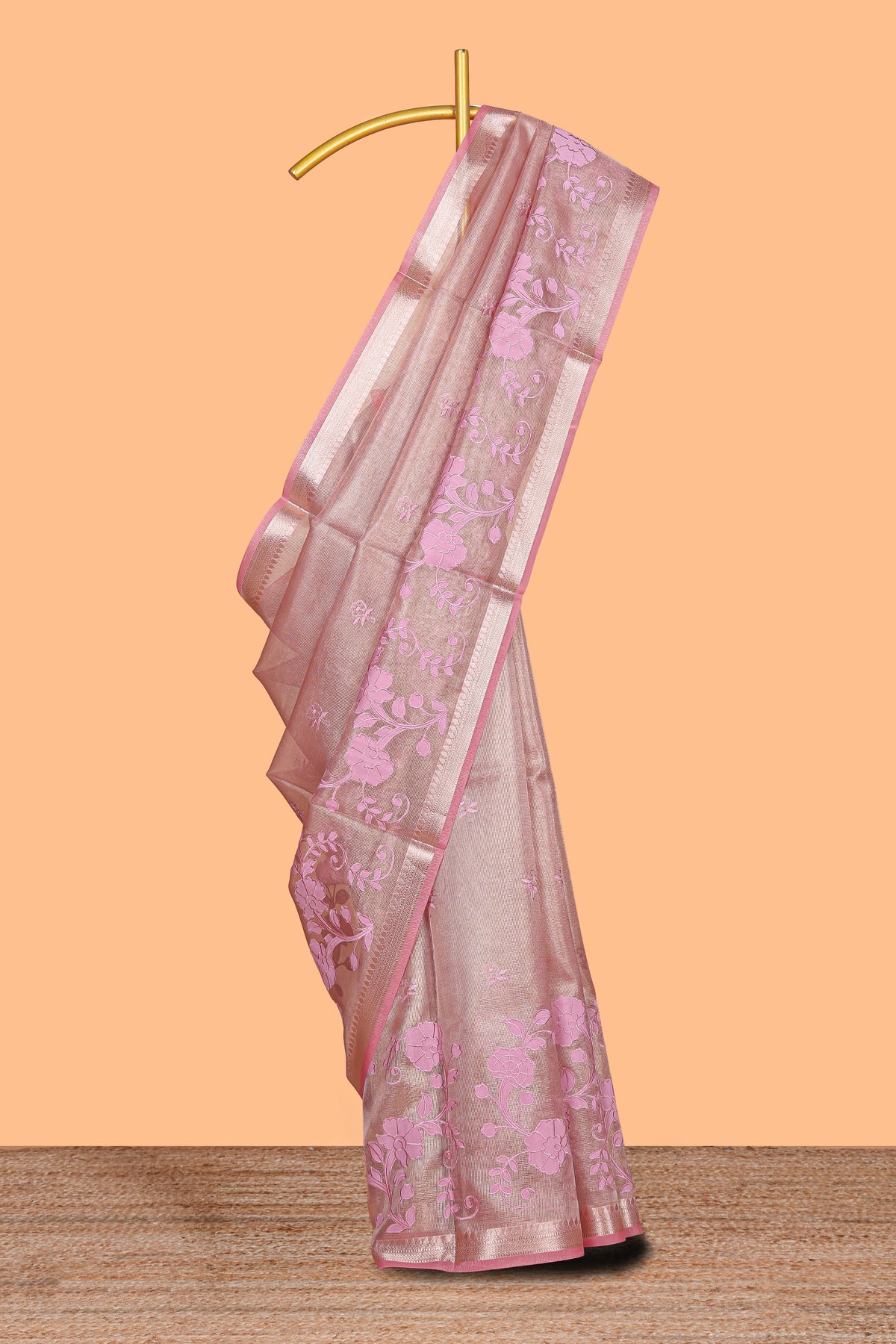 Pink floral design art tissue saree with zari border and Plain blouse