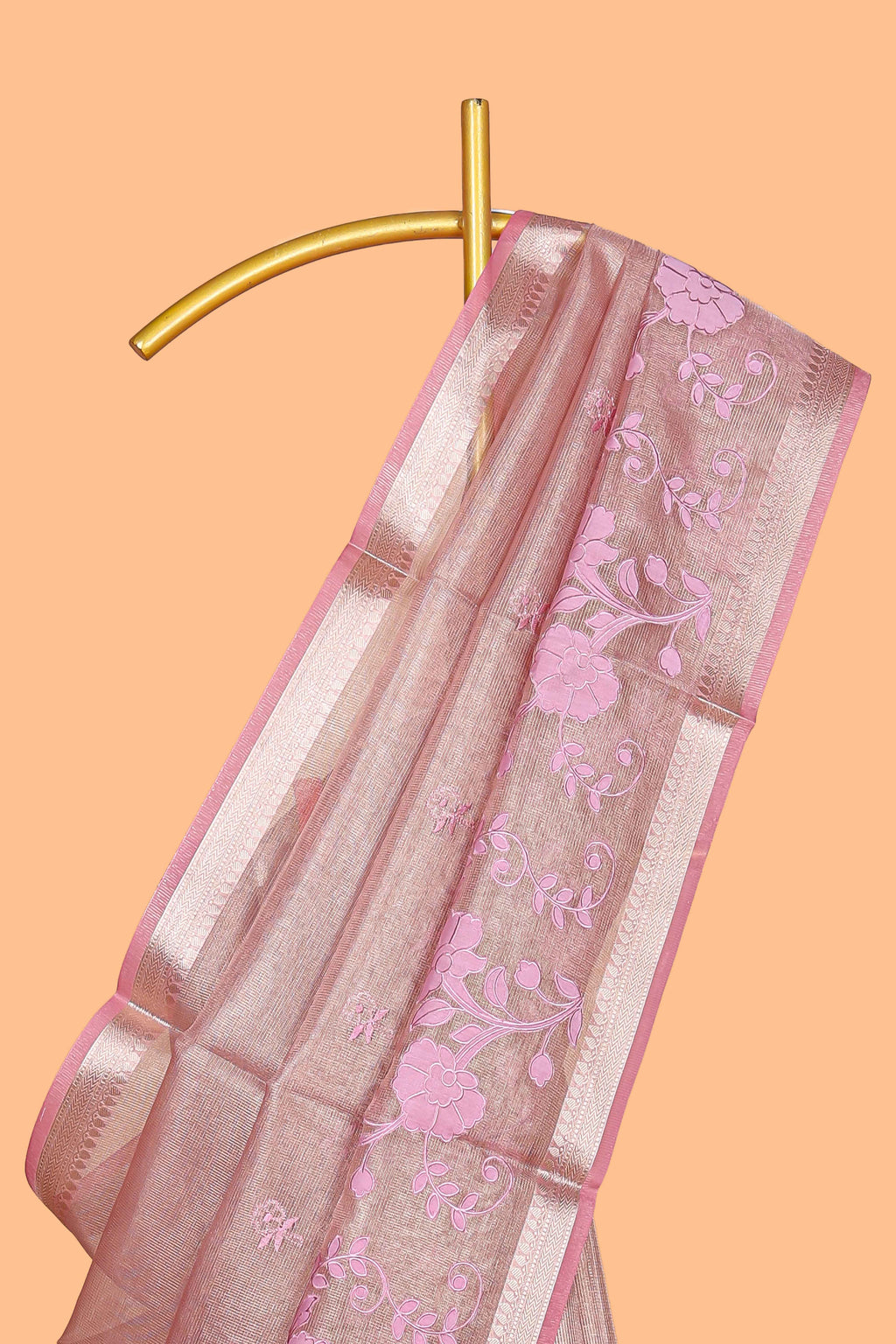 Pink floral design art tissue saree with zari border and Plain blouse