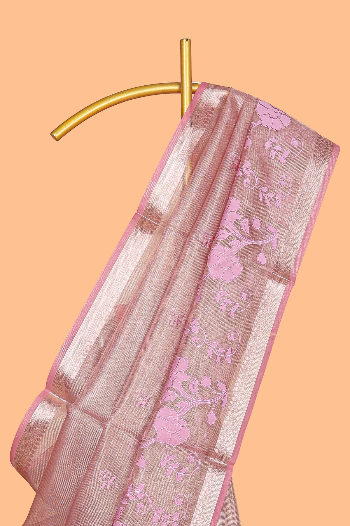 Pink floral design art tissue saree with zari border and Plain blouse