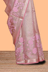 Pink floral design art tissue saree with zari border and Plain blouse