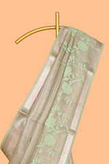 Moss green floral design art tissue saree with zari border and Plain blouse