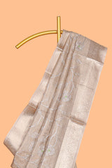 Antique Gold floral vine design art tissue saree with zari border and plain blouse