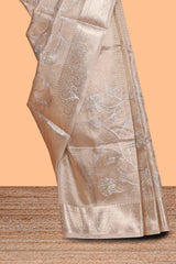 Antique Gold floral vine design art tissue saree with zari border and plain blouse