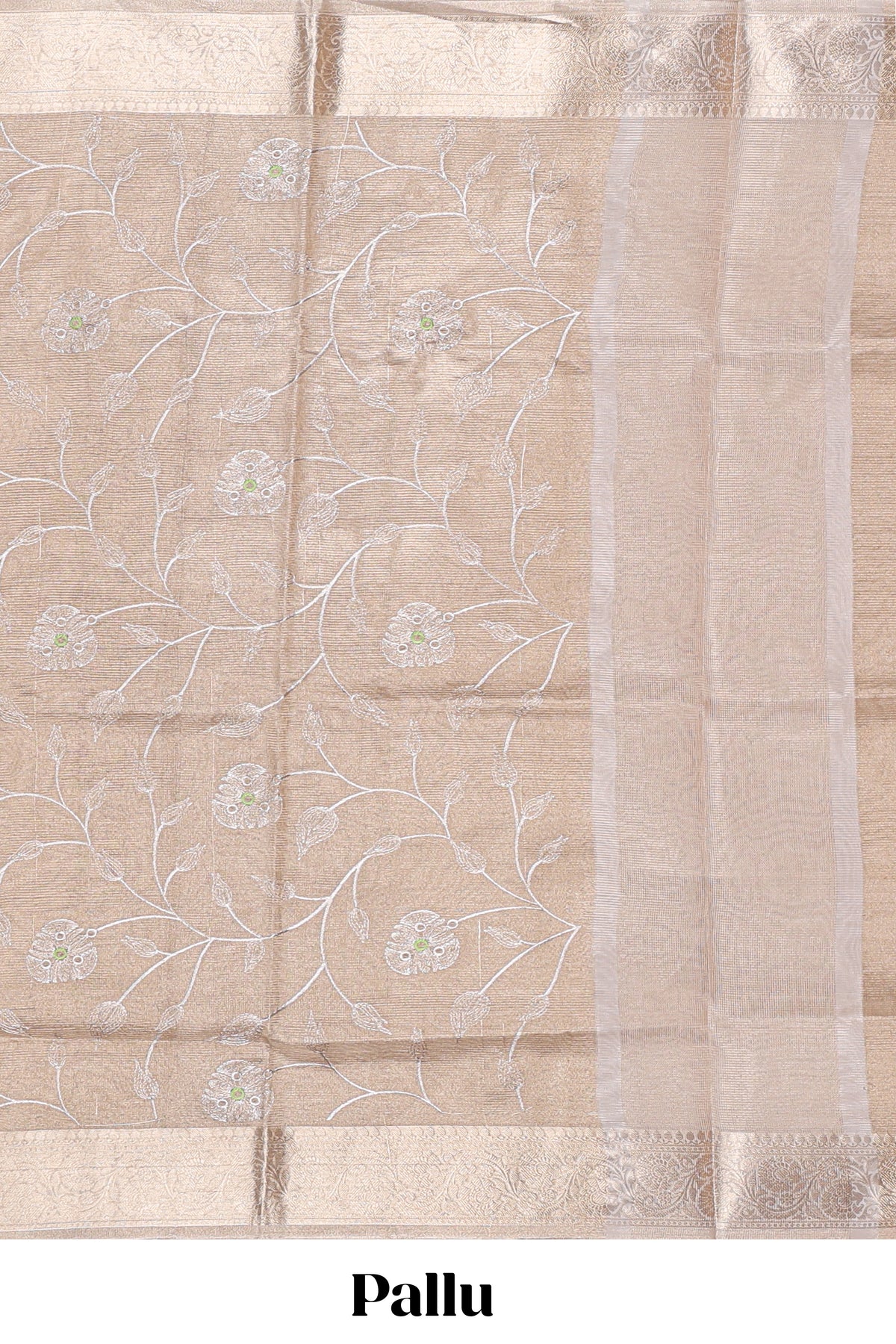 Antique Gold floral vine design art tissue saree with zari border and plain blouse