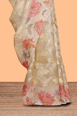 Borderless sandal floral design art tissue saree with self pallu and floral design blouse