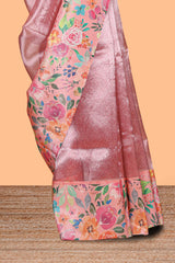 Peach shade plain art tissue saree with contrast colorful floral border and blouse