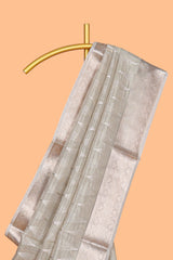Silver grey shade geometric design art tissue saree with zari border and bouse