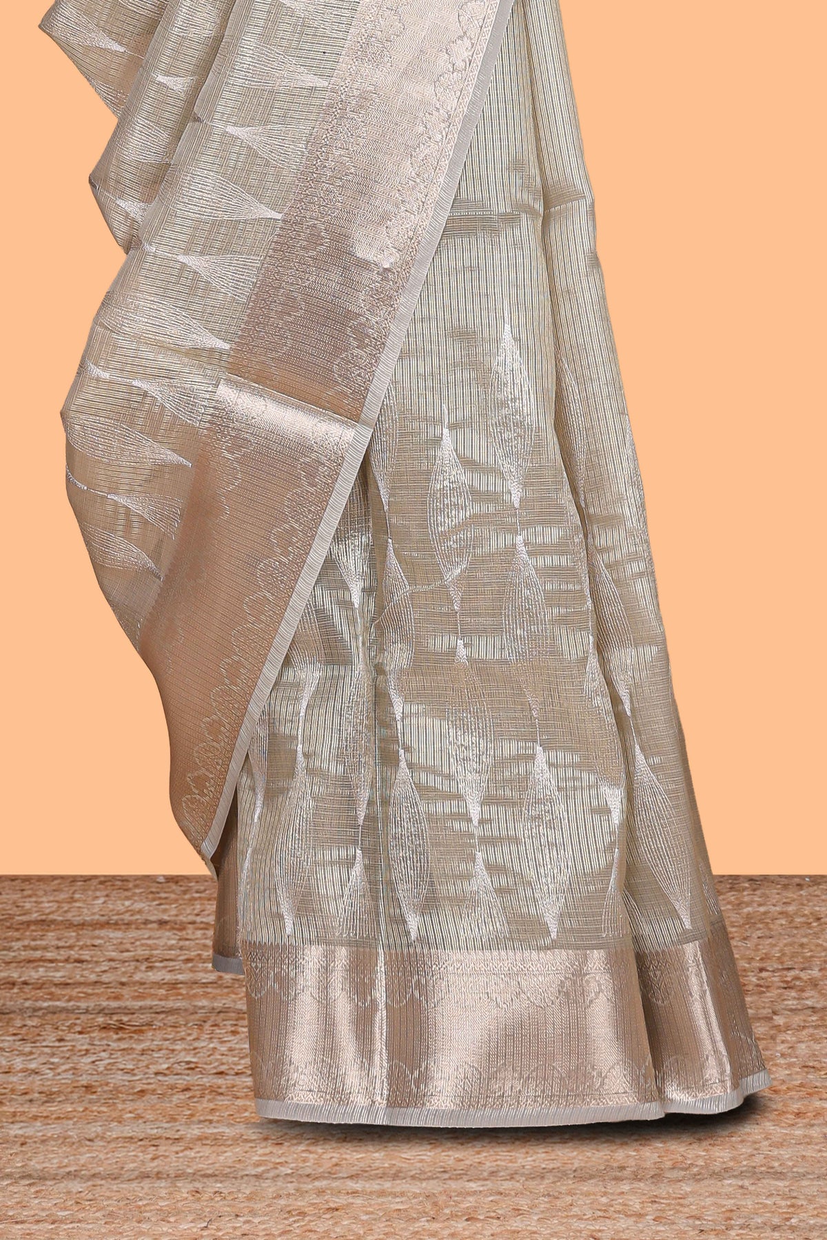 Silver grey shade geometric design art tissue saree with zari border and bouse