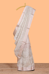 Ivory leaf patterned zari design art tissue saree with zari border and plain blouse