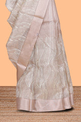 Ivory leaf patterned zari design art tissue saree with zari border and plain blouse