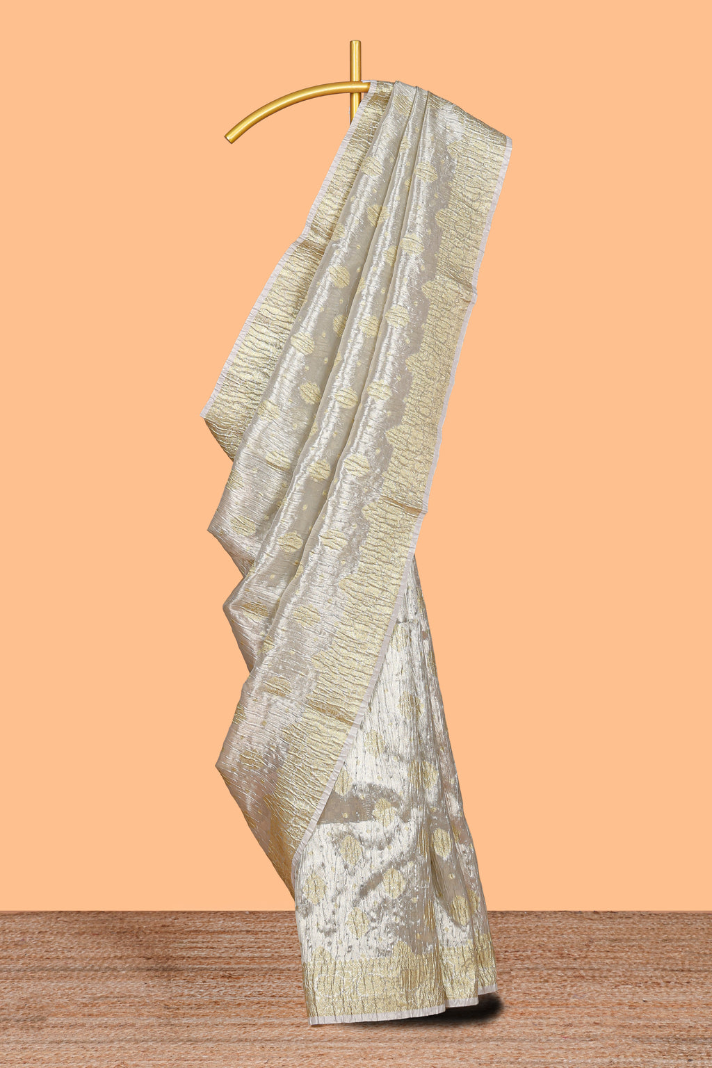Silver shade glod floral butta design art tissue saree with zari border and plain blouse
