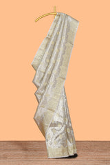 Silver shade glod floral butta design art tissue saree with zari border and plain blouse