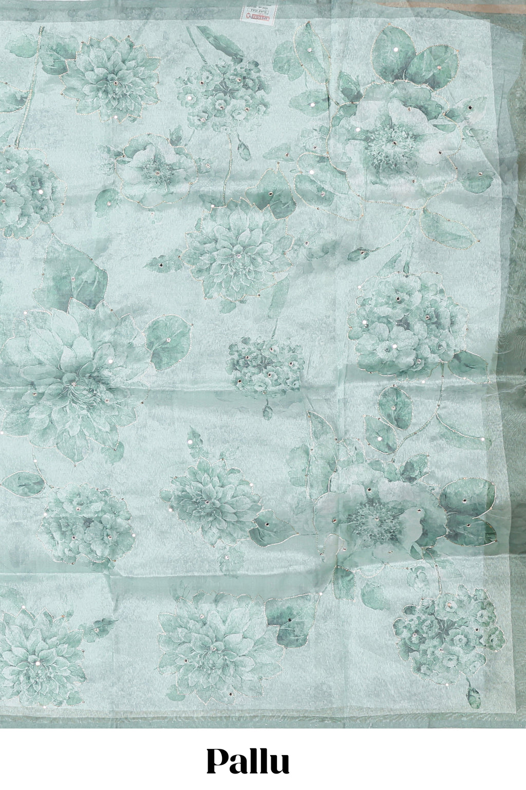 Borderless bottle green floral design art tissue saree with self pallu and floral blouse
