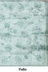 Borderless bottle green floral design art tissue saree with self pallu and floral blouse
