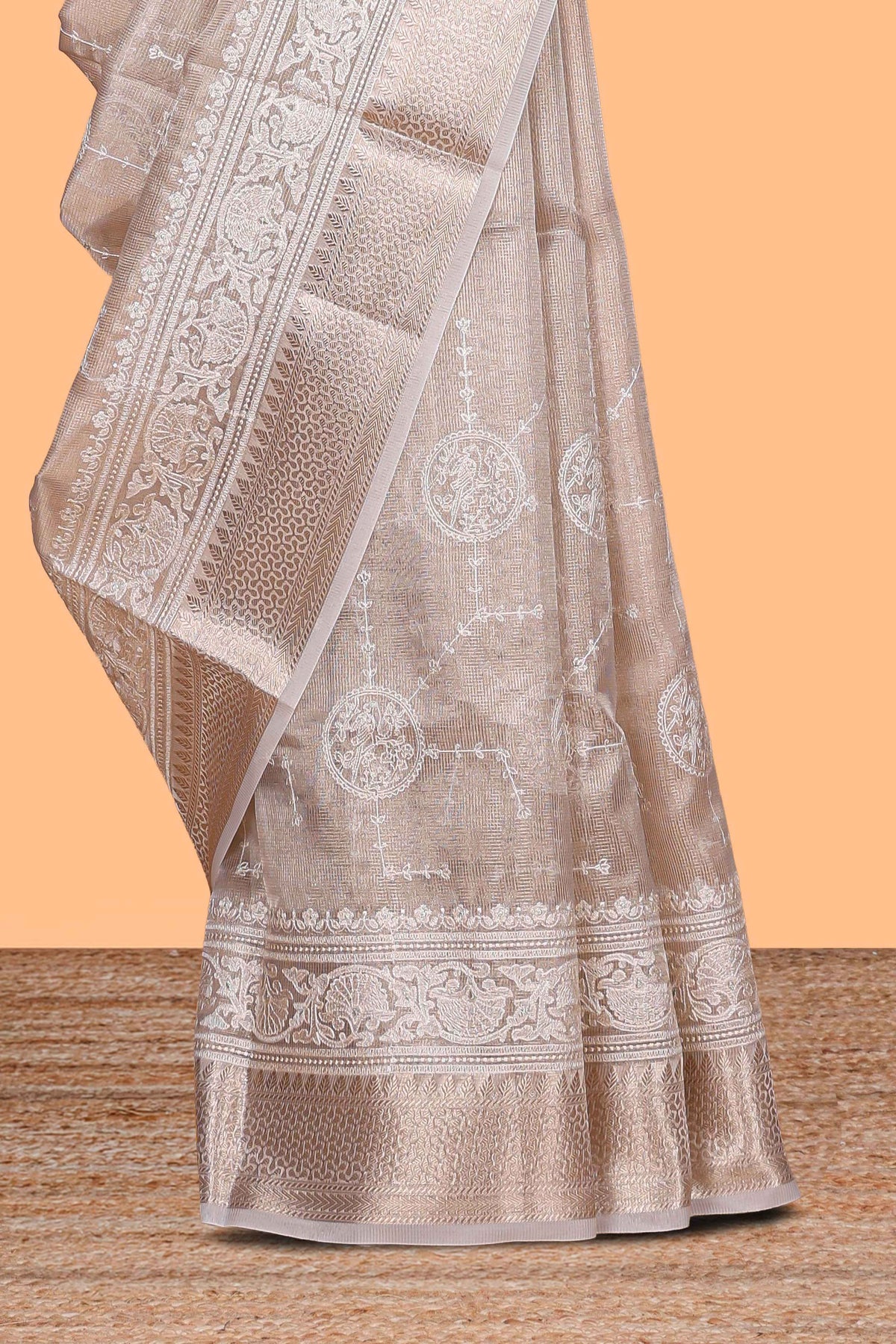 Almond beige Floral vine and ornamental motifs art tissue saree with self zari border and Matching blouse