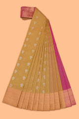 Mustard yellow stripes design tissue saree with contrast border and pallu