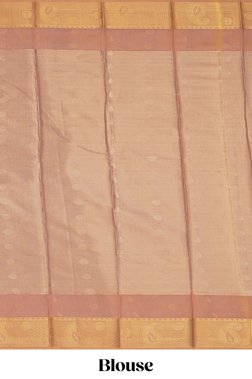 Faded peach motifs design tissue saree with contrast border and matching blouse