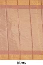 Faded peach motifs design tissue saree with contrast border and matching blouse