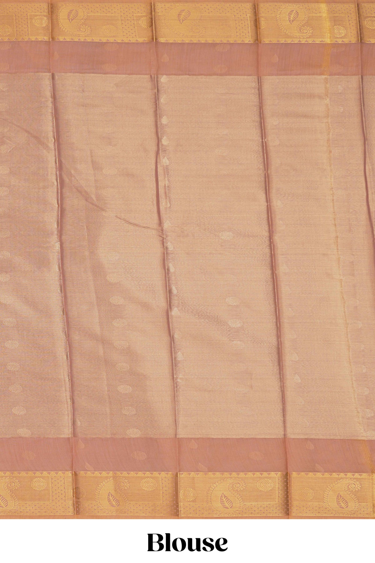 Faded peach motifs design tissue saree with contrast border and matching blouse
