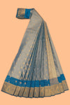 Steel blue motifs design tissue saree with contrast border and matching blouse