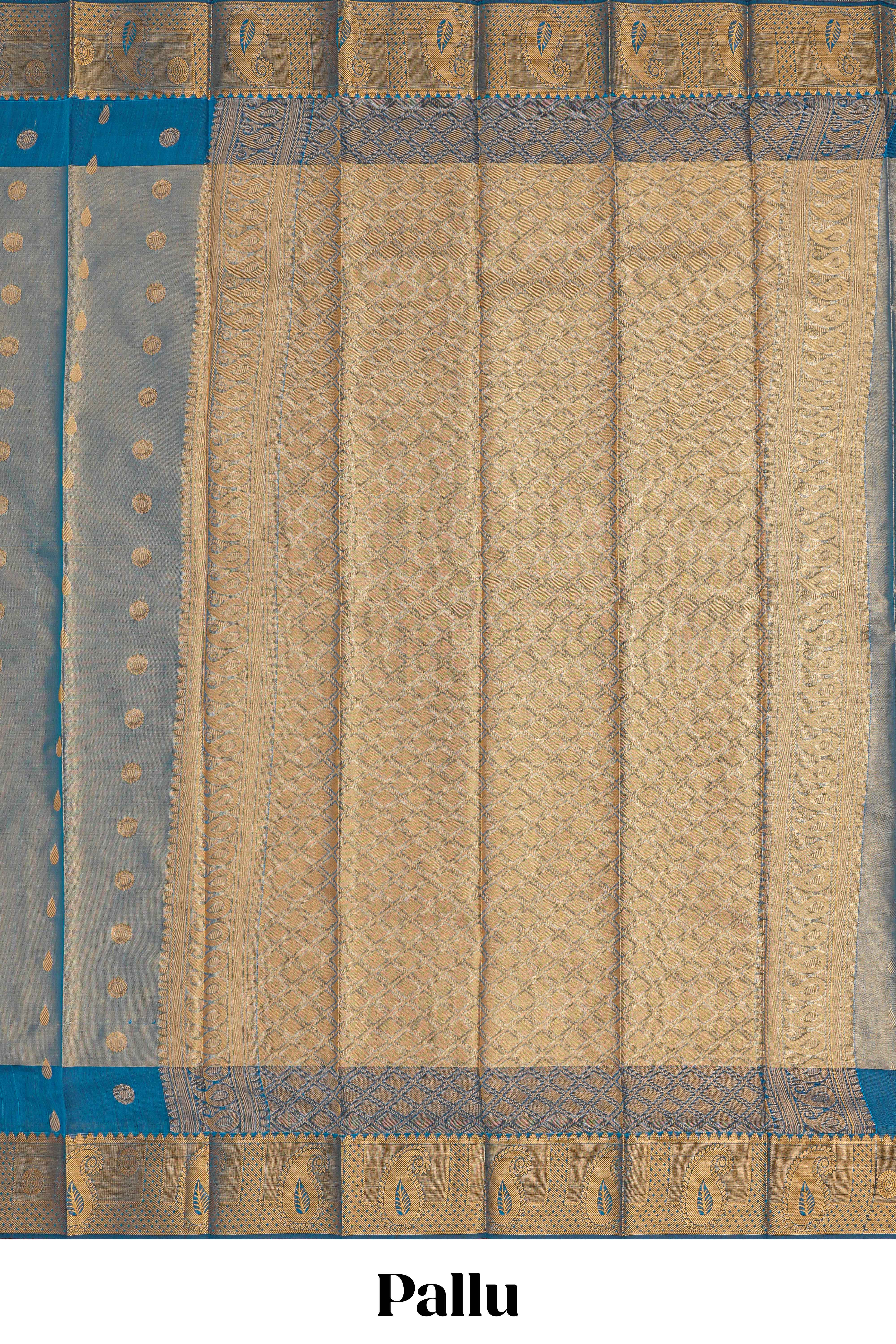 Steel blue motifs design tissue saree with contrast border and matching blouse