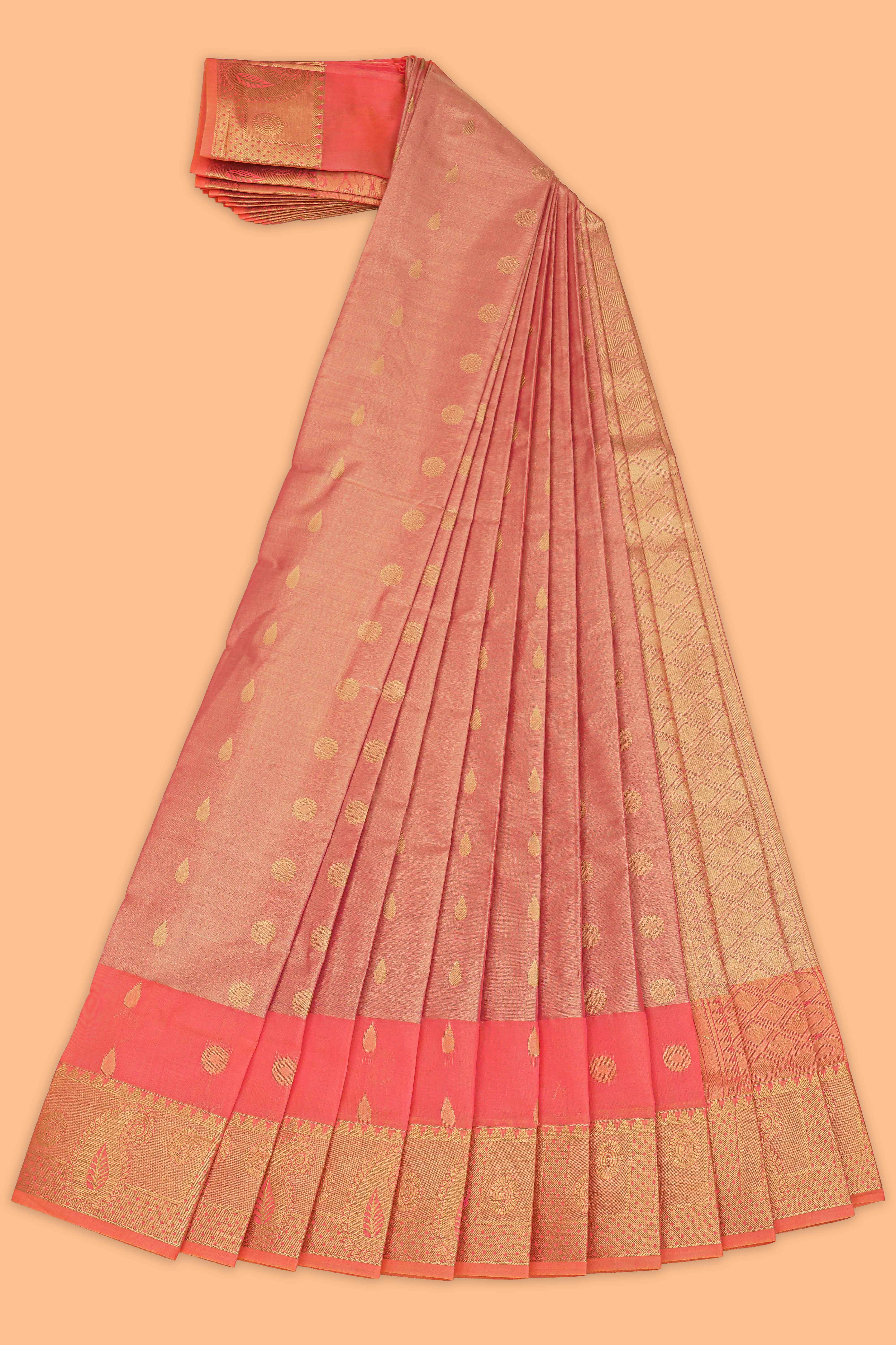 Peach motifs design tissue saree with contrast border and matching blouse