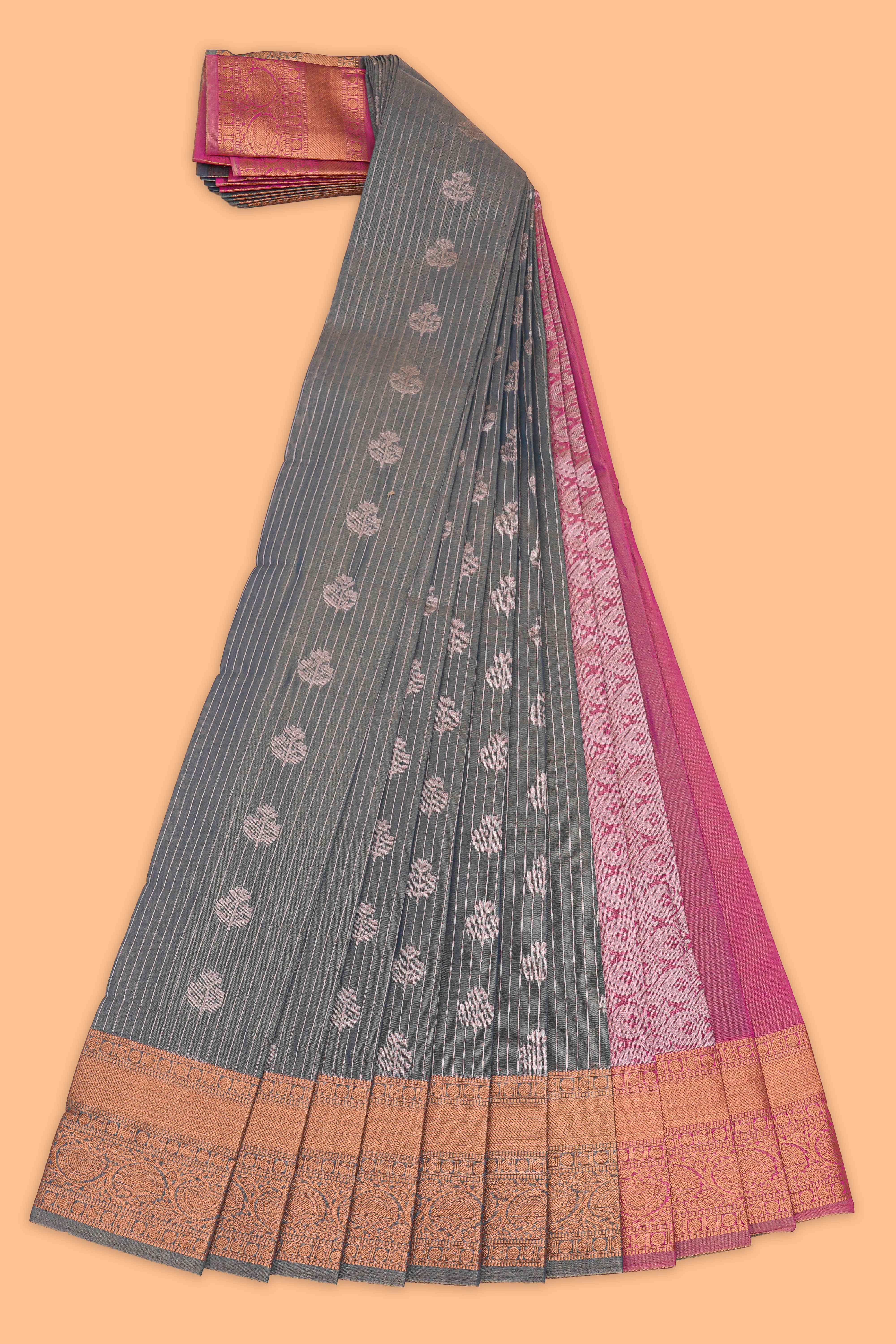 Dim grey stripes design tissue saree with contrast border and blouse