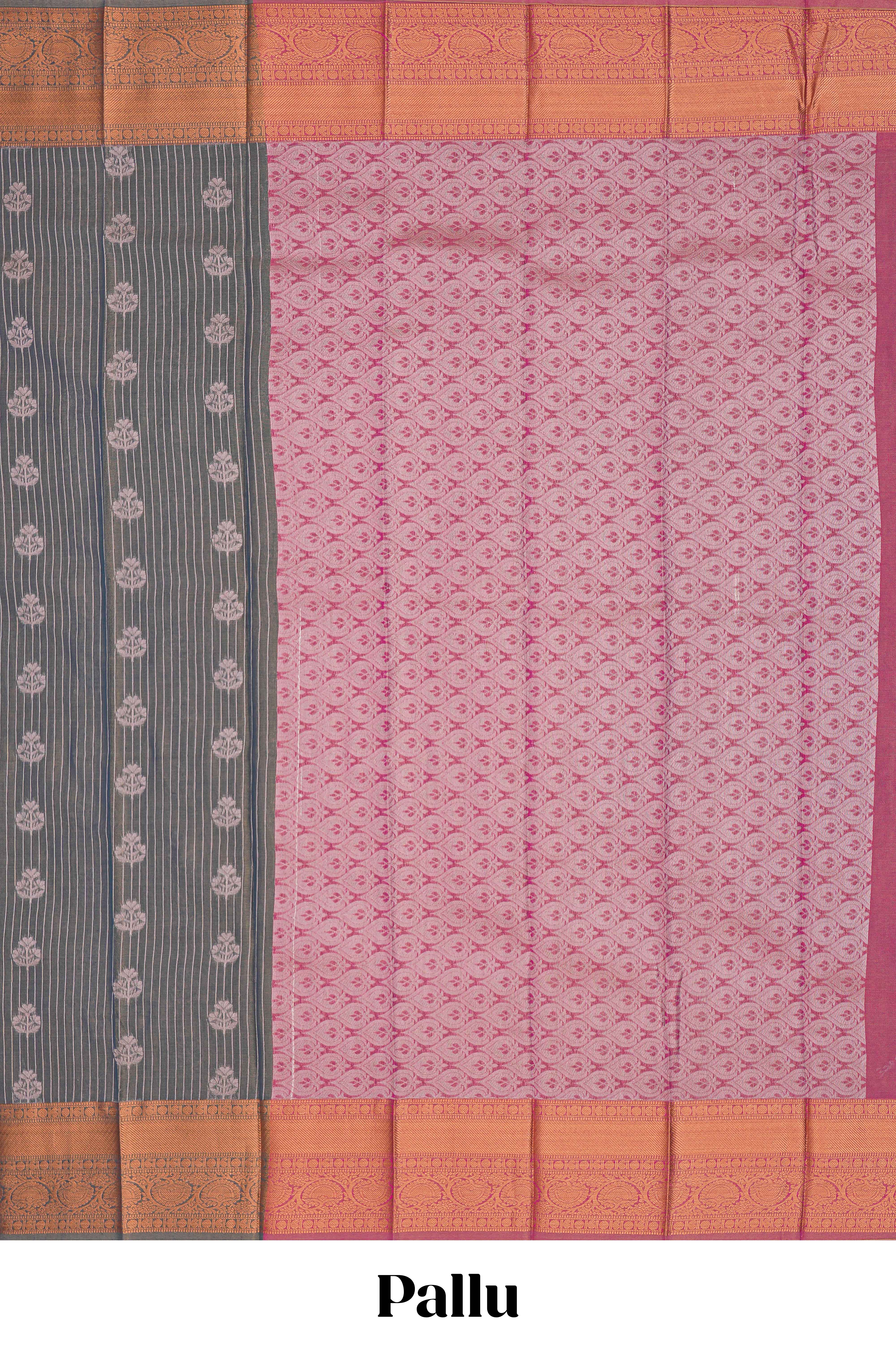 Dim grey stripes design tissue saree with contrast border and blouse
