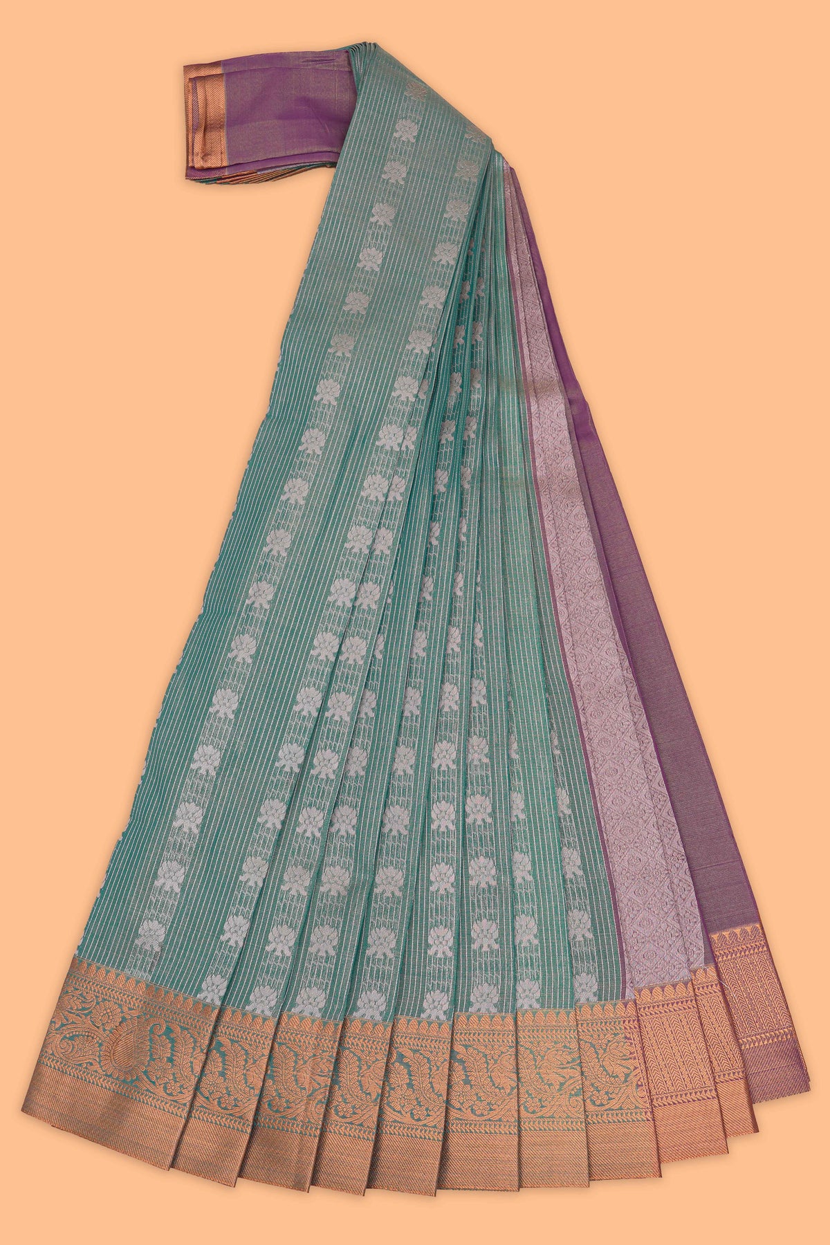 Pine green stripes design tissue saree with contrast border and blouse