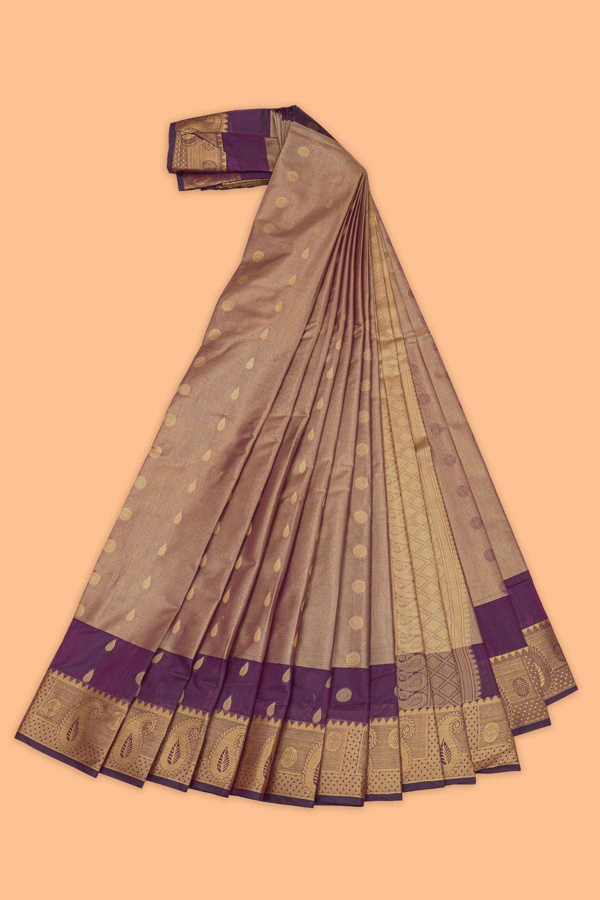 Violet butta design tissue saree with contrast border and blouse