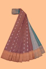 Brick red striped tissue saree with contrast zari border and blouse