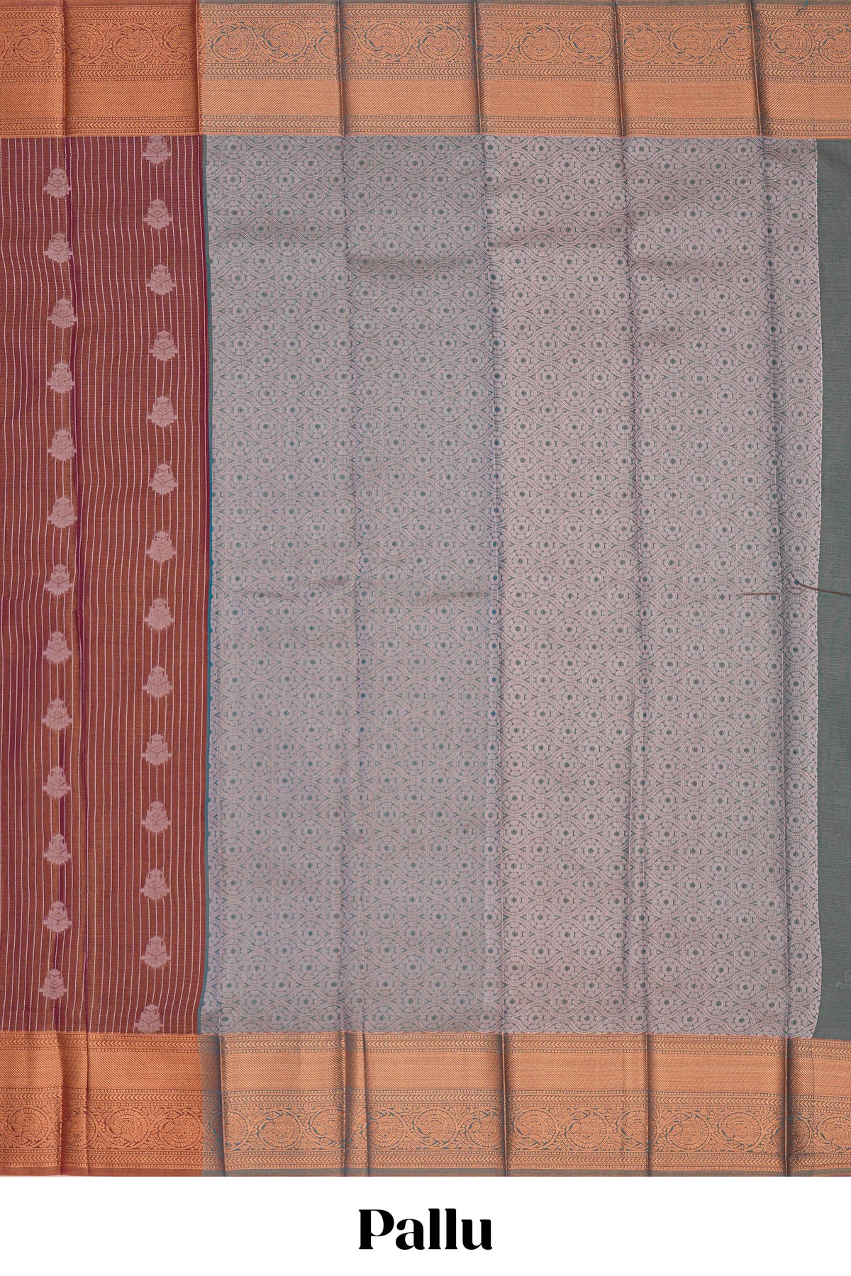 Brick red striped tissue saree with contrast zari border and blouse