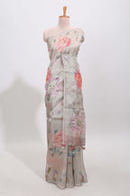 Borderless grey floral designed art tissue saree with self pallu and matching blouse