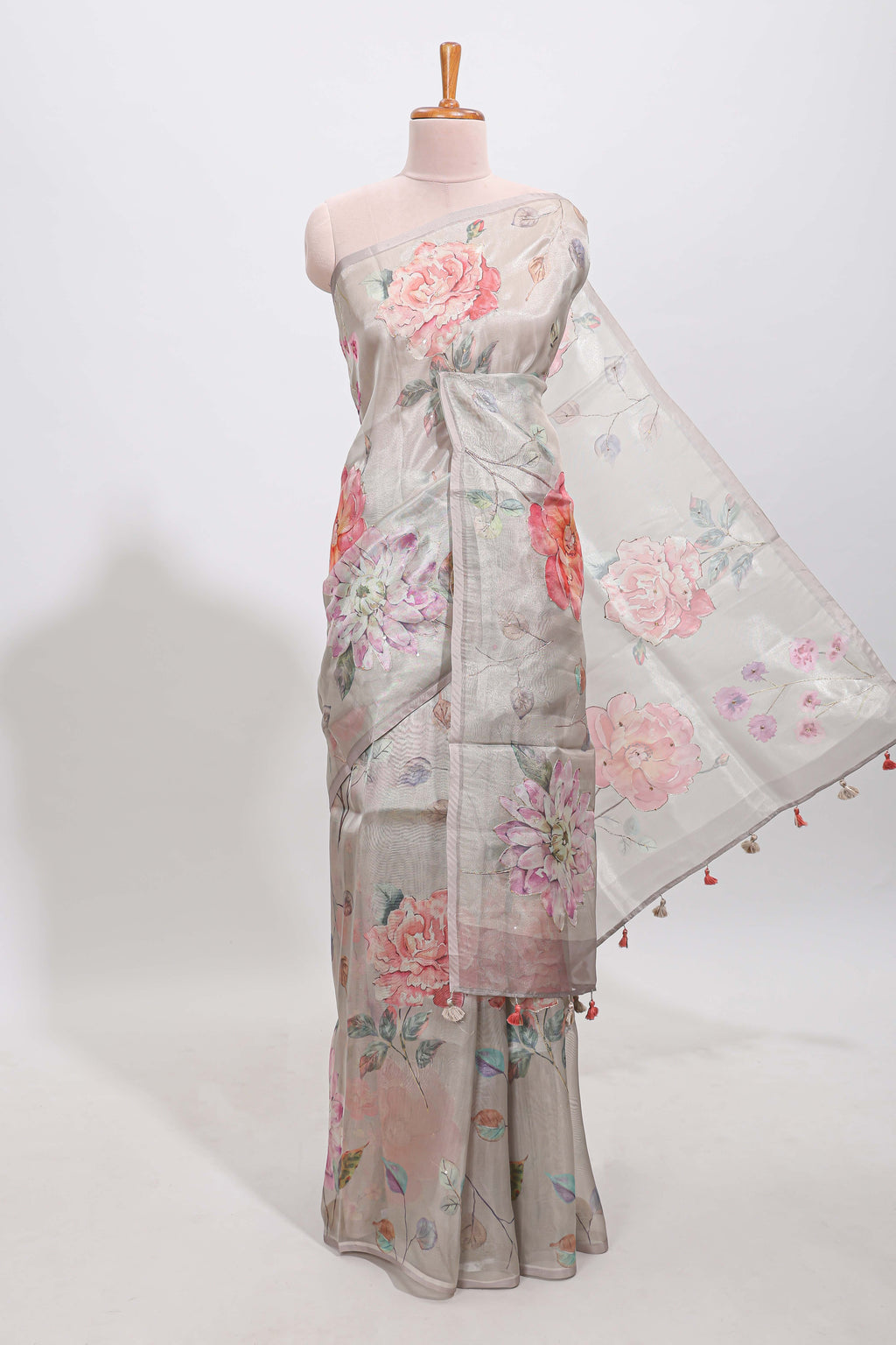 Borderless grey floral designed art tissue saree with self pallu and matching blouse