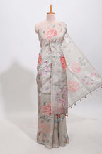 Borderless grey floral designed art tissue saree with self pallu and matching blouse