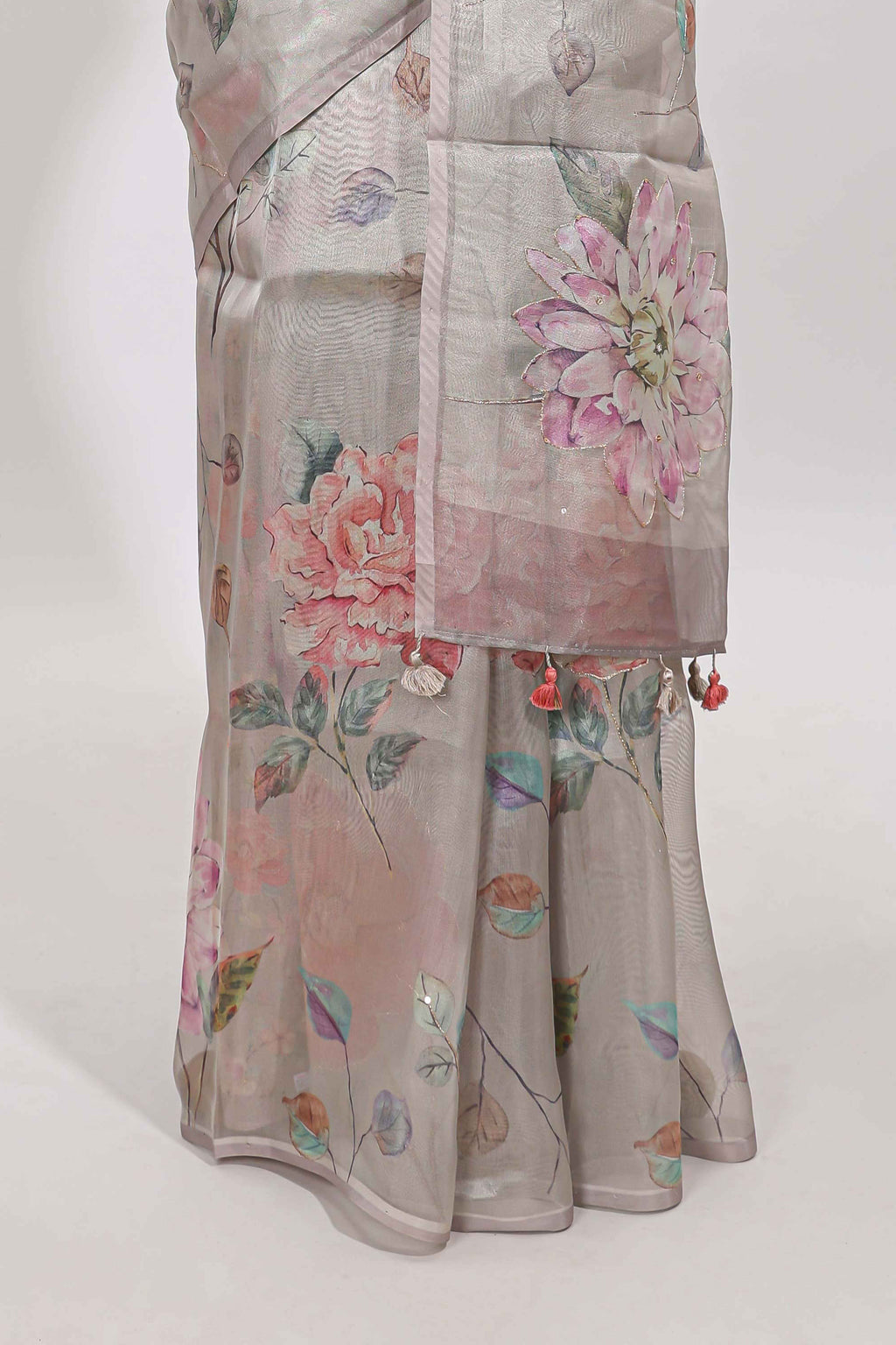 Borderless grey floral designed art tissue saree with self pallu and matching blouse