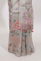 Borderless grey floral designed art tissue saree with self pallu and matching blouse