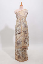 Borderless beige floral designed art tissue saree with self pallu and matching blouse