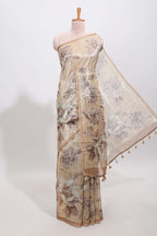 Borderless beige floral designed art tissue saree with self pallu and matching blouse