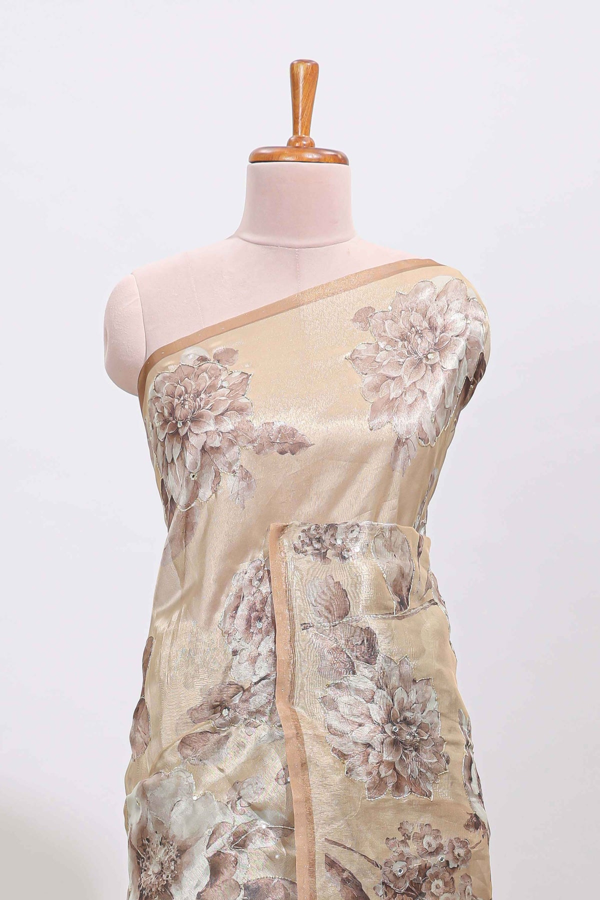 Borderless beige floral designed art tissue saree with self pallu and matching blouse