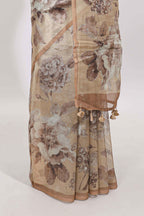 Borderless beige floral designed art tissue saree with self pallu and matching blouse