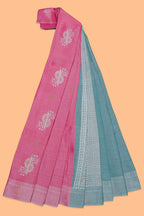 Borderless Pink floral motifs art tissue saree with contrast  pallu and blouse