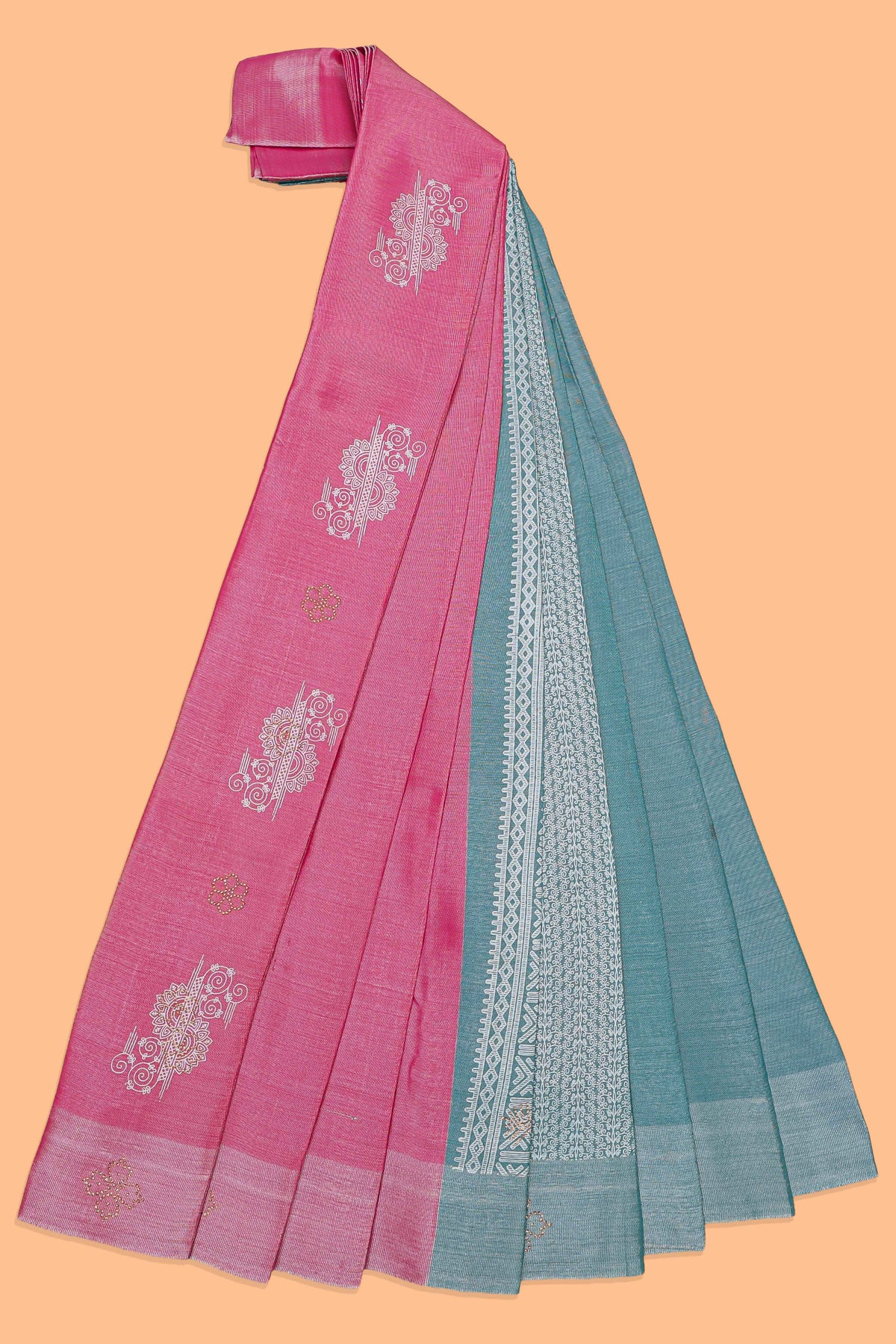 Borderless Pink floral motifs art tissue saree with contrast  pallu and blouse