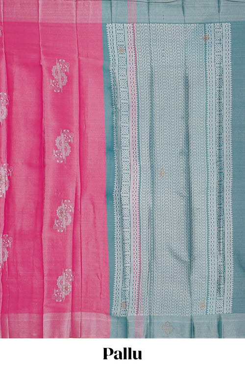 Borderless Pink floral motifs art tissue saree with contrast  pallu and blouse
