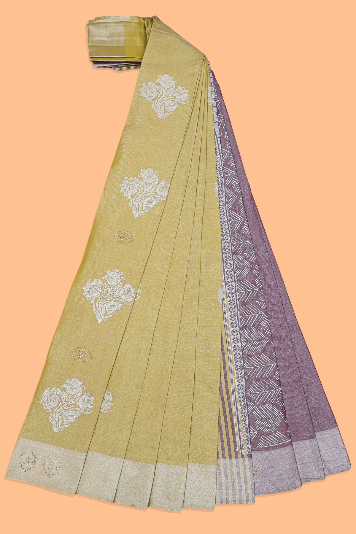 Borderless lime yellow floral motifs art tissue saree with contrast  pallu and blouse