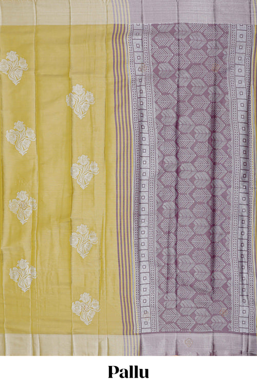 Borderless lime yellow floral motifs art tissue saree with contrast  pallu and blouse