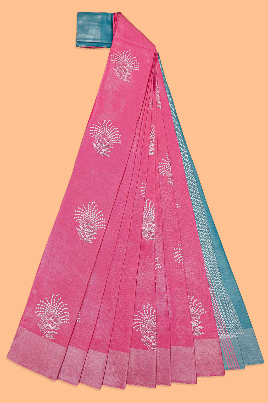 Borderless bright pink floral motifs art tissue saree with contrast  pallu and blouse
