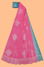 Borderless bright pink floral motifs art tissue saree with contrast  pallu and blouse
