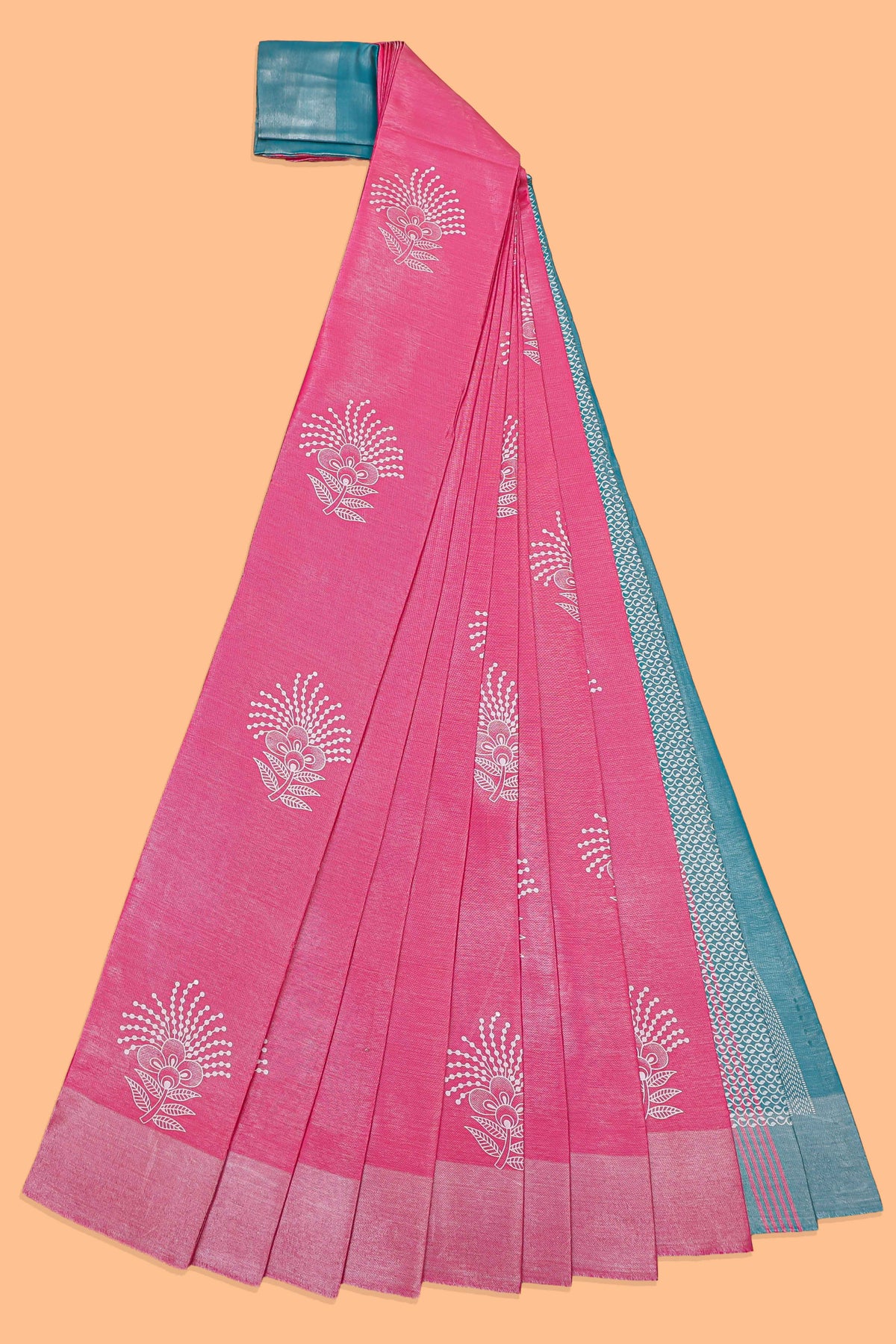 Borderless bright pink floral motifs art tissue saree with contrast  pallu and blouse