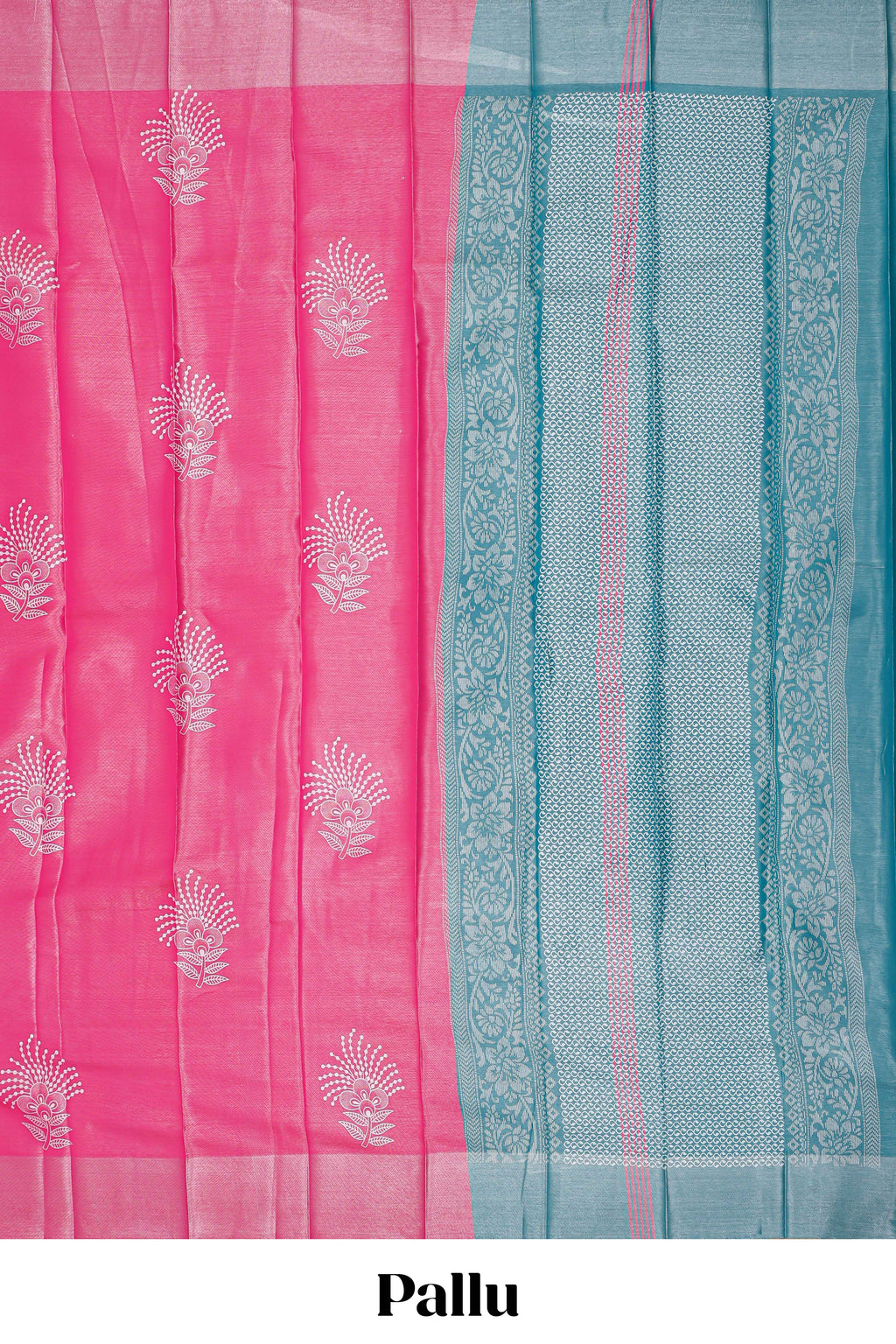 Borderless bright pink floral motifs art tissue saree with contrast  pallu and blouse